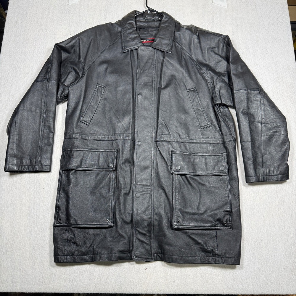 Phase 2 Mens Black Leather Coat Mid Length Car Coat Zip Out Liner Size XL